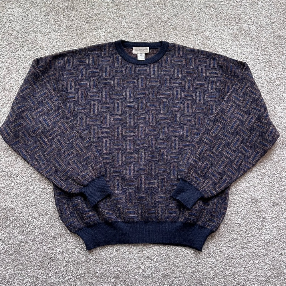 Tricots St. Raphael XL Merino Wool Sweater Navy Brown Geometric Made In Uruguay